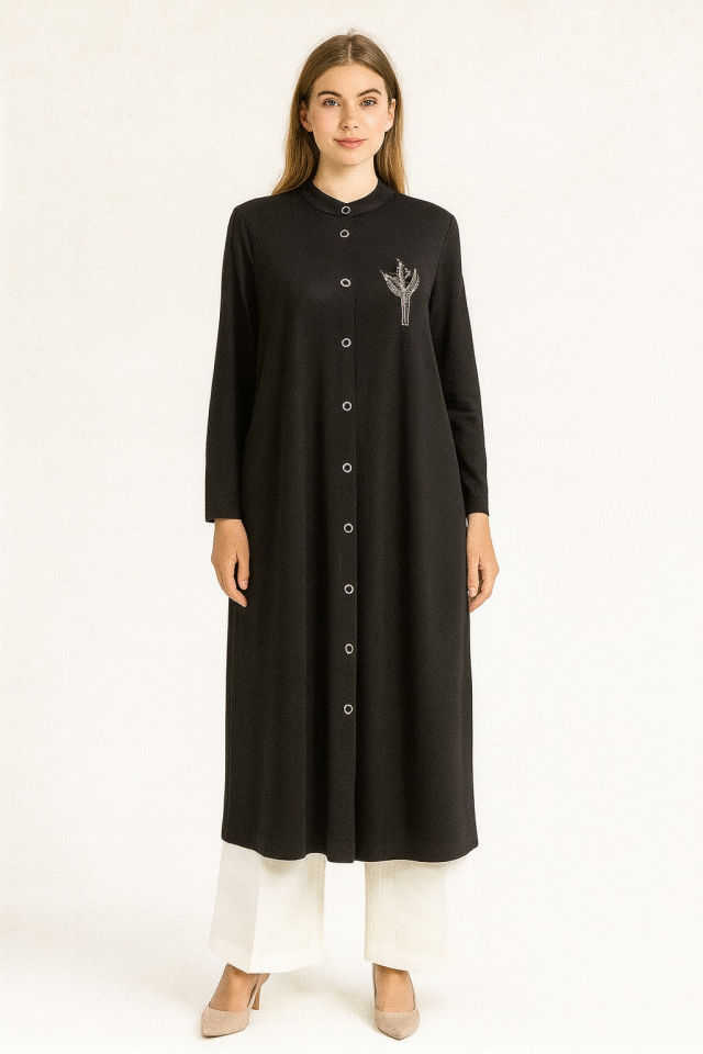 961 SIFIR YAKA ÖNÜ BOYDAN ÇITÇITLI ÖN TARAFI ARMA DETAYLI KOL UCU LASTİKLİ KAP #10-25#