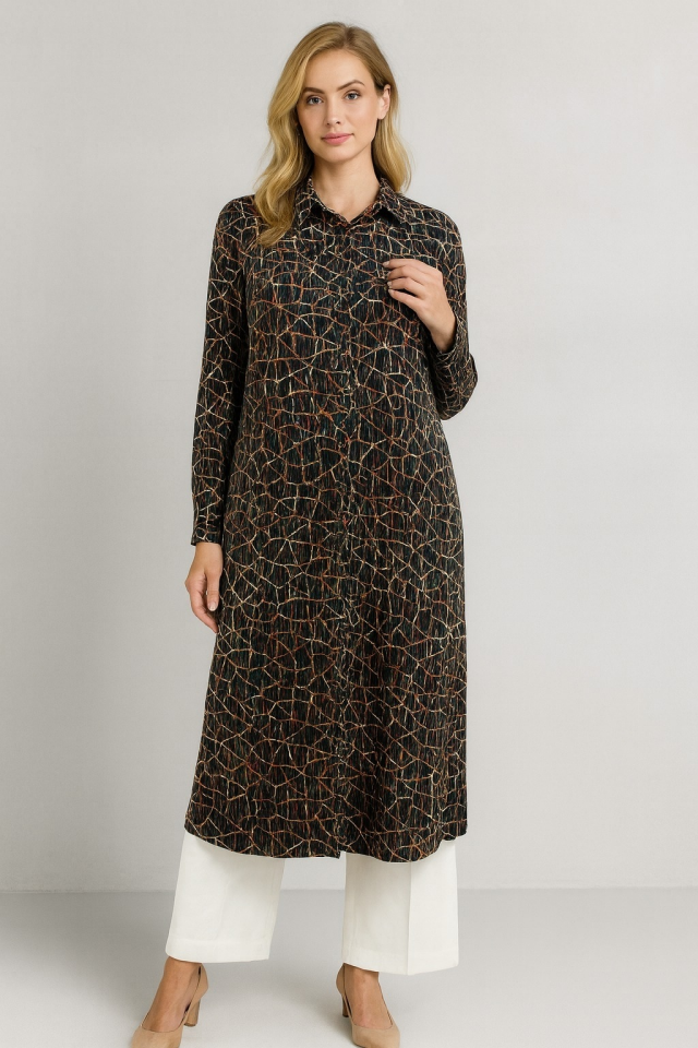 1098 ÖNÜ BOYDAN DÜĞMELİ KOL UCU LASTİKLİ YANI YIRTMAÇ DETAYLI UZUN GÜNLÜK TUNİK GÖMLEK #10-25#