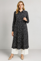 1098 ÖNÜ BOYDAN DÜĞMELİ KOL UCU LASTİKLİ YANI YIRTMAÇ DETAYLI UZUN GÜNLÜK TUNİK GÖMLEK #10-25#