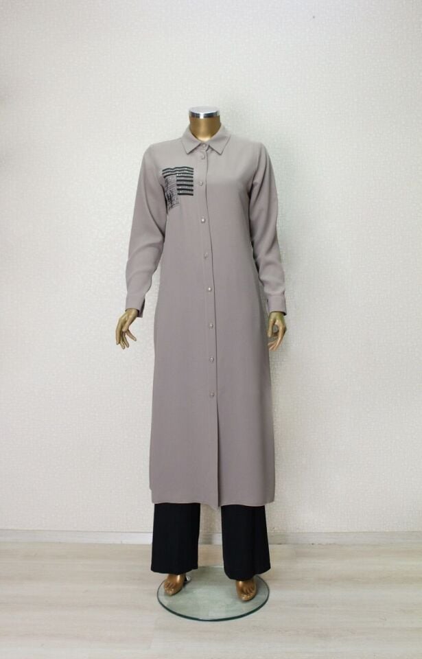 1549 ÖNDEN DÜĞMELİ GÖGÜS TAŞ DETAYLI UZUN TUNİK QYS UZUN TUNİK #24-04# 1549