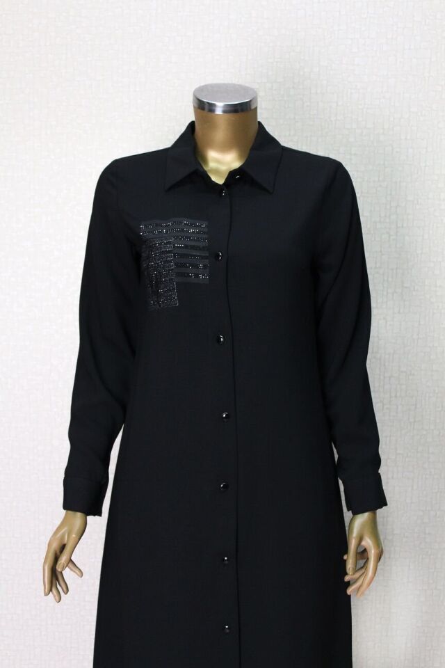 1549 ÖNDEN DÜĞMELİ GÖGÜS TAŞ DETAYLI UZUN TUNİK QYS UZUN TUNİK #24-04# 1549