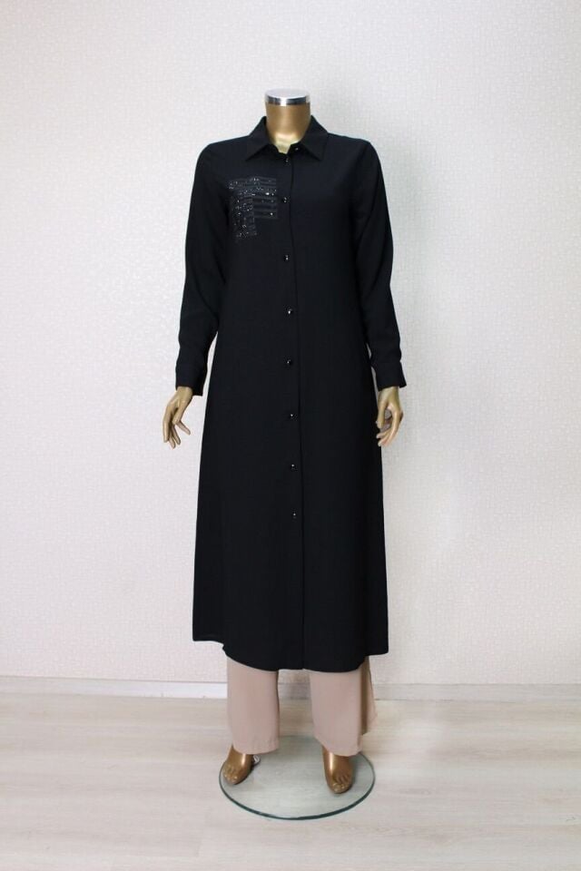 1549 ÖNDEN DÜĞMELİ GÖGÜS TAŞ DETAYLI UZUN TUNİK QYS UZUN TUNİK #24-04# 1549