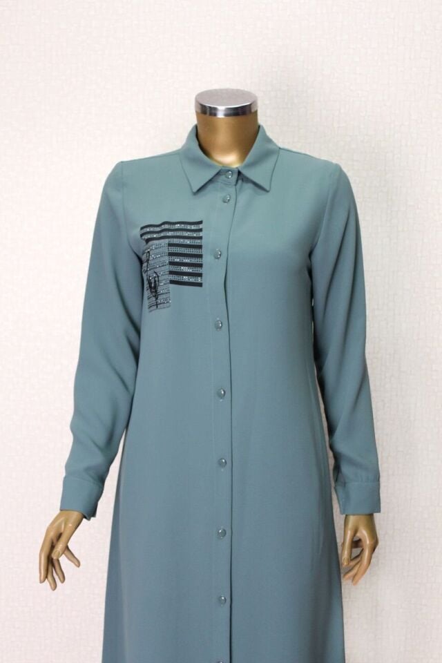 1549 ÖNDEN DÜĞMELİ GÖGÜS TAŞ DETAYLI UZUN TUNİK QYS UZUN TUNİK #24-04# 1549