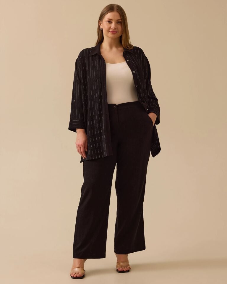 4026 ÖNDEN DÜĞMELİ BELİ YARIM LASTİKLİ CEPLİ BOL PAÇA KETEN PANTOLON #03-25#