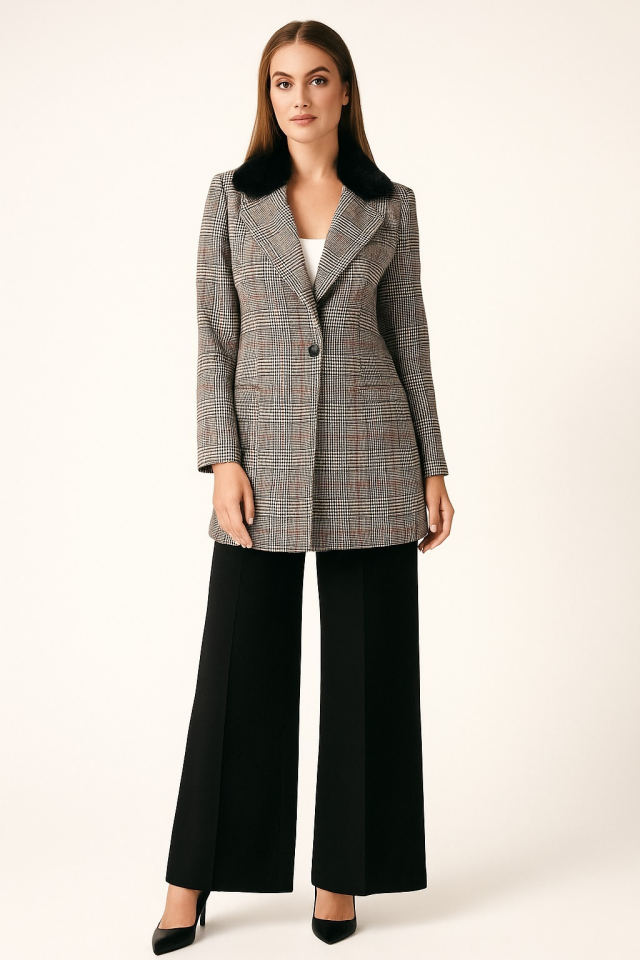 53008 ÖNDEN TEK DÜĞMELİ GİZLİ CEPLİ EKOSE DESENLİ CEKET #10-25#