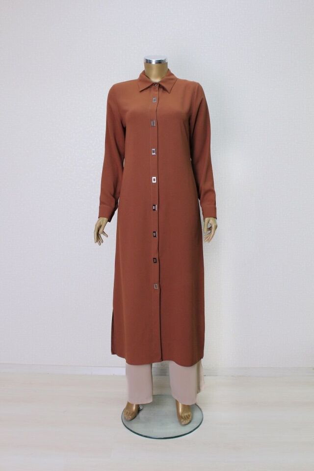 1518 ÖNDEN KARE DÜĞME DETAYLI ÇIT ÇIT DÜĞMELİ UZUN TUNİK QYS UZUN TUNİK 1518 #24-04#