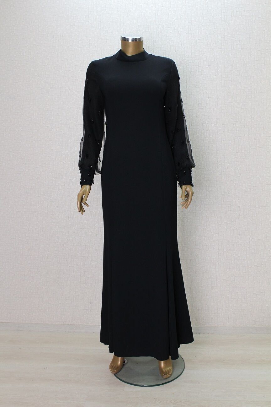 2867 KOLU TÜL VE TAŞ DETAYLI ABİYE ELBİSE QYS ABİYE ELBİSE 2867 #24-05# 48 - SİYAH
