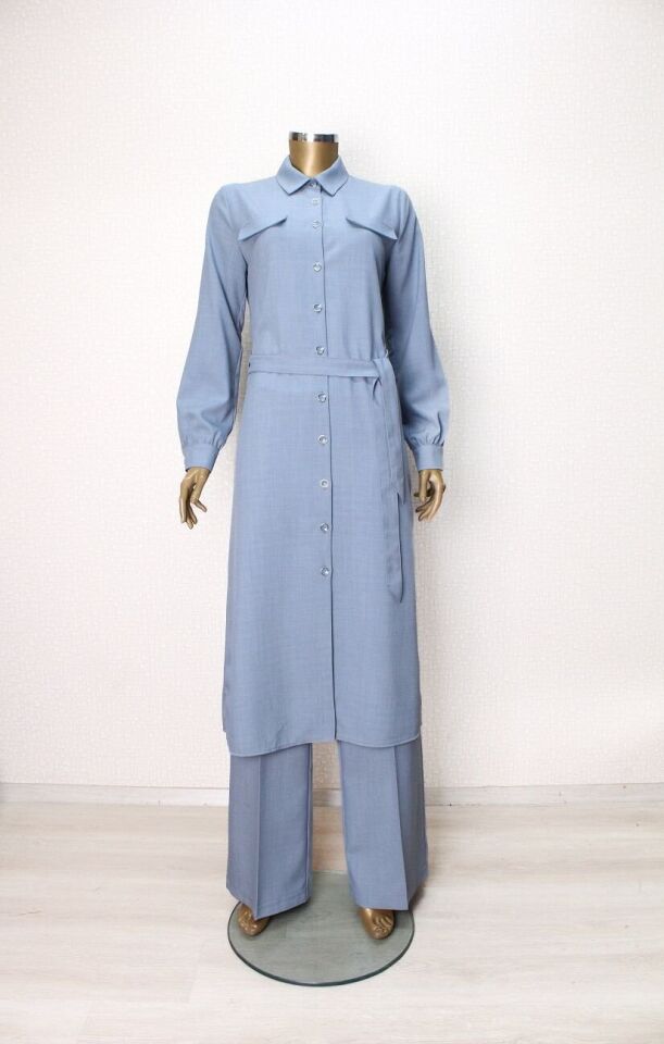 56001ÖNDEN DÜĞMELİ BEL BAĞLAMALI CEP KAPAKLI PANTOLON BOL PAÇA İKİLİ TAKIM QYS TAKIM #24-04#