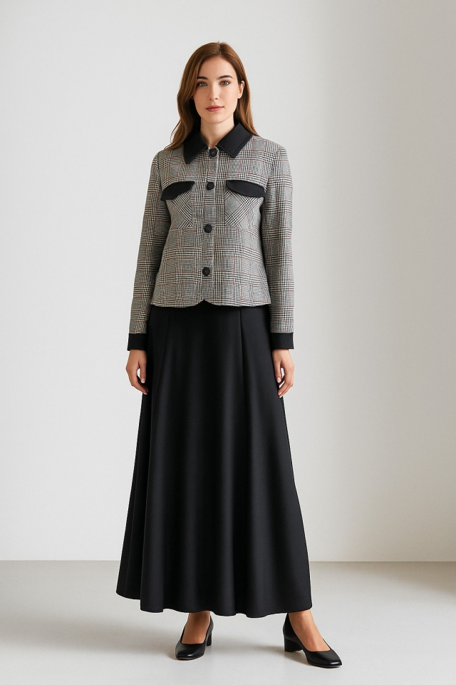 56119 ÖNDEN DÜĞMELİ EKOSE DESENLİ ETEĞİ KLOŞ ETEKLİ TAKIM #10-25#