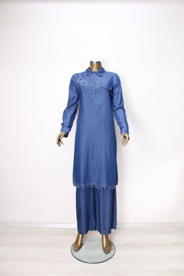 61041TUNİK  ÖNÜ DÜĞMELİ ALTI SAÇAKLI YAPRAK MOTİFLİ GÖMLEK KOT QYS TUNİK #24-04#