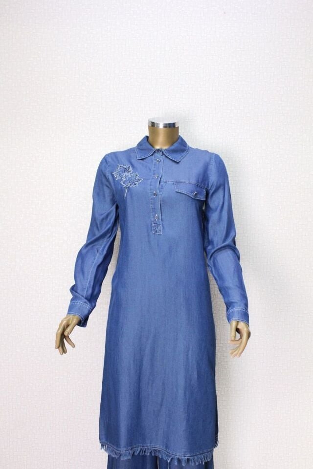 61041TUNİK  ÖNÜ DÜĞMELİ ALTI SAÇAKLI YAPRAK MOTİFLİ GÖMLEK KOT QYS TUNİK #24-04#