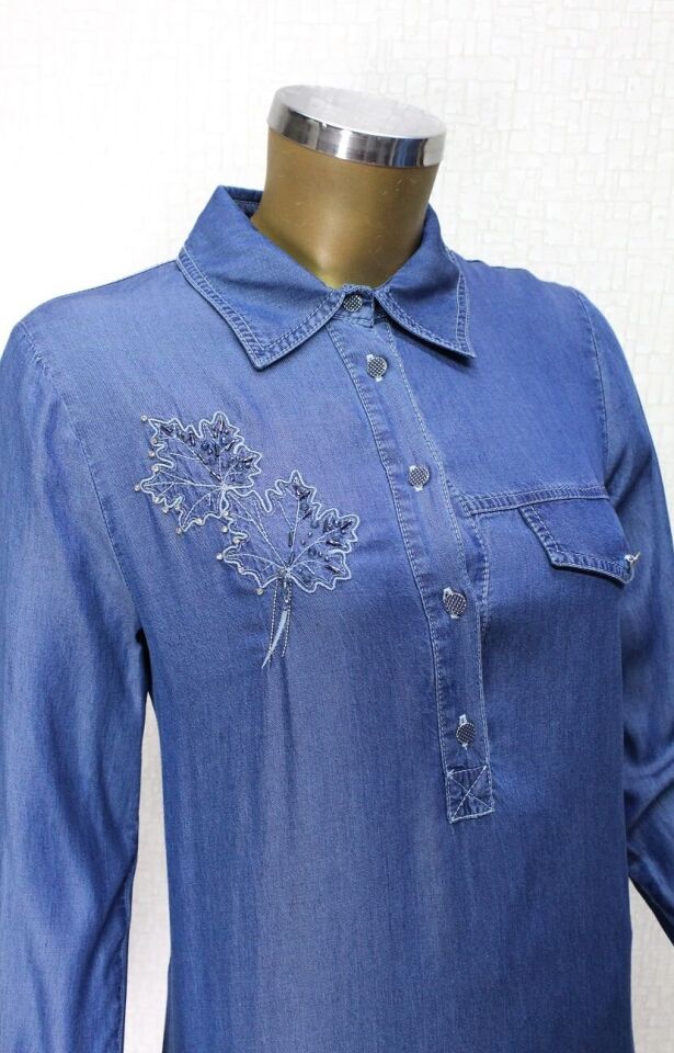 61041TUNİK  ÖNÜ DÜĞMELİ ALTI SAÇAKLI YAPRAK MOTİFLİ GÖMLEK KOT QYS TUNİK #24-04#