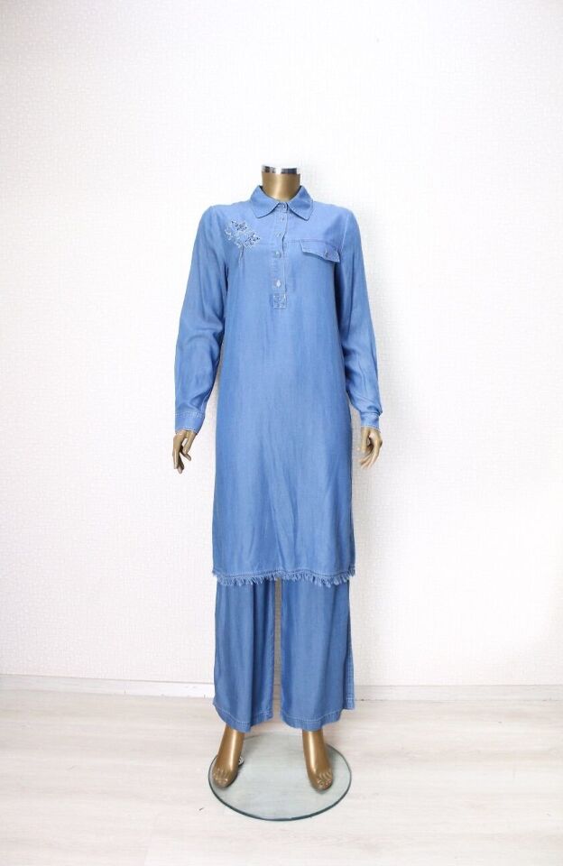 61041TUNİK  ÖNÜ DÜĞMELİ ALTI SAÇAKLI YAPRAK MOTİFLİ GÖMLEK KOT QYS TUNİK #24-04#