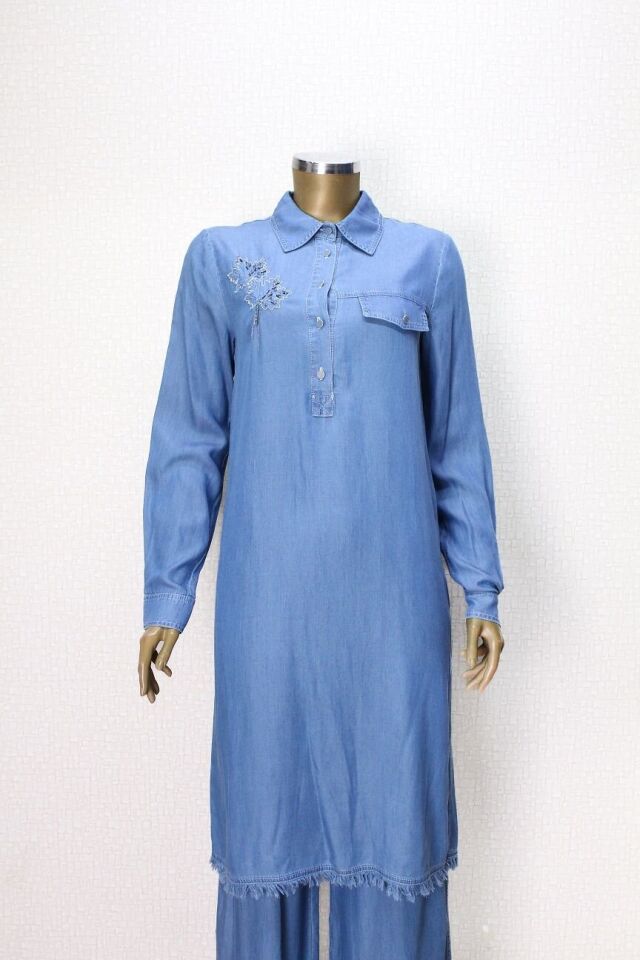 61041TUNİK  ÖNÜ DÜĞMELİ ALTI SAÇAKLI YAPRAK MOTİFLİ GÖMLEK KOT QYS TUNİK #24-04#