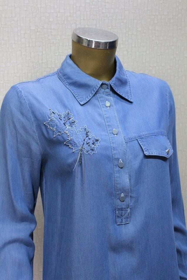 61041TUNİK  ÖNÜ DÜĞMELİ ALTI SAÇAKLI YAPRAK MOTİFLİ GÖMLEK KOT QYS TUNİK #24-04#