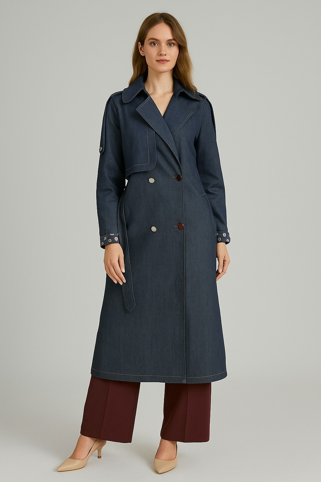 2271 KOLU KAT DETAYLI BELİ KUŞAKLI CEPLİ KOT TANSEL TRENÇKOT #11-25#