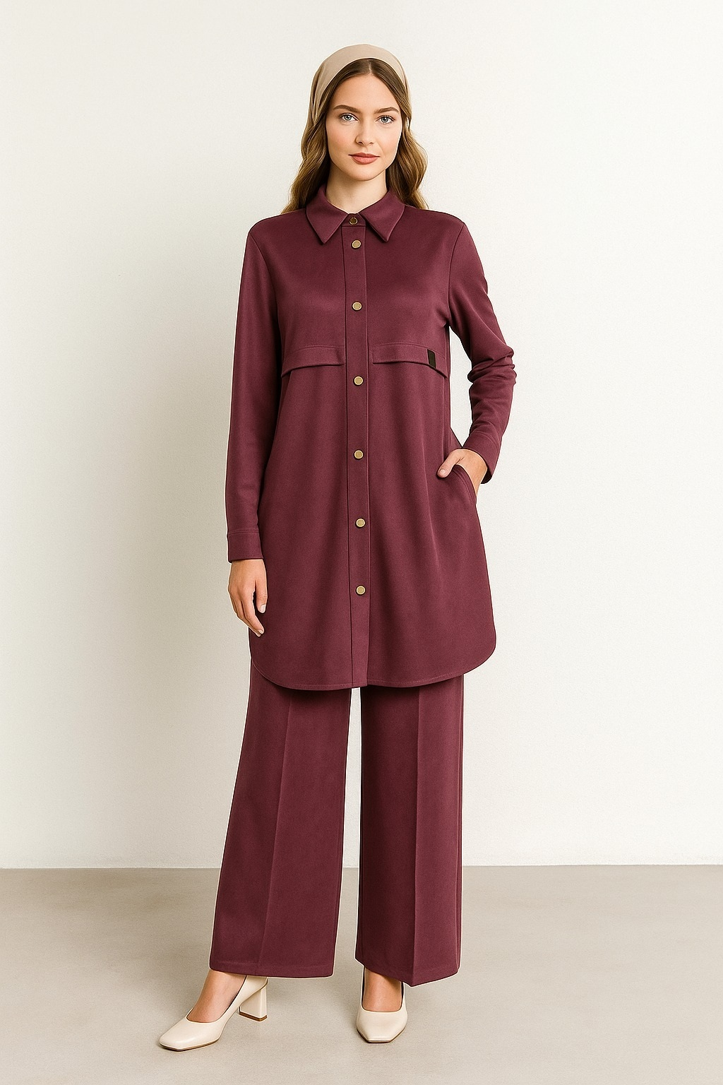 2229 ÖNÜ DÜĞMELİ KOL UCU MANŞETLİ PANTOLONUN BELİ LASTİKLİ GENİŞ PAÇA İKİLİ TAKIM #11-25#