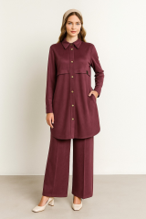 2229 ÖNÜ DÜĞMELİ KOL UCU MANŞETLİ PANTOLONUN BELİ LASTİKLİ GENİŞ PAÇA İKİLİ TAKIM #11-25#