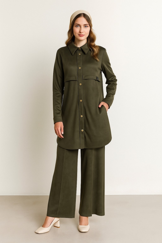 2229 ÖNÜ DÜĞMELİ KOL UCU MANŞETLİ PANTOLONUN BELİ LASTİKLİ GENİŞ PAÇA İKİLİ TAKIM #11-25#