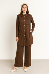 2229 ÖNÜ DÜĞMELİ KOL UCU MANŞETLİ PANTOLONUN BELİ LASTİKLİ GENİŞ PAÇA İKİLİ TAKIM #11-25#