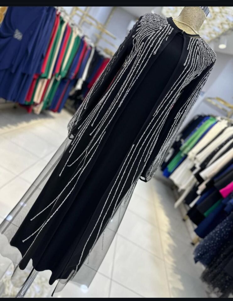 5008 KOLU OMZU AŞAĞIYA KADAR TAŞ DETAYLI ÜSTÜ TÜL İÇİ SANDY ABAYA #02-25# 50 - SİYAH