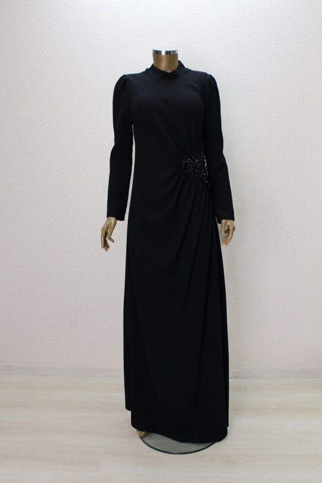 2854 BELİ KRİSTAL TAŞ DETAYLI ABİYE ELİBSE QYS ABİYE ELBİSE #24-05# 40 - SİYAH
