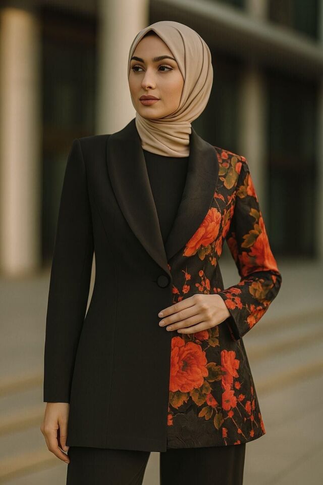 5081 CEKETLİ TAKIM ÖNÜ DÜĞMELİ OVAL KRAVUZE YAKA YAN TARAFI ÇİÇEKLİ SPOR KLASİK BLAZER CEKETLİ TAKIM #03-25# 50 - SİYAH