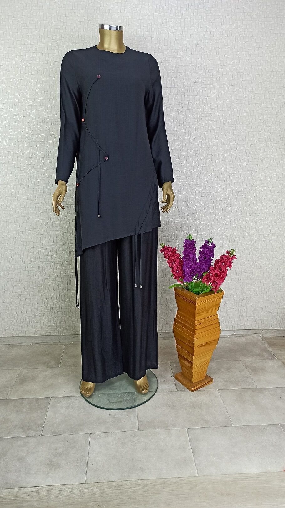 12174 SIFIR YAKA ÖNÜ DESENLİ YANI BÜZGÜLÜ  TUNİK QYS TUNİK 12174 #23-09# 38 - SİYAH