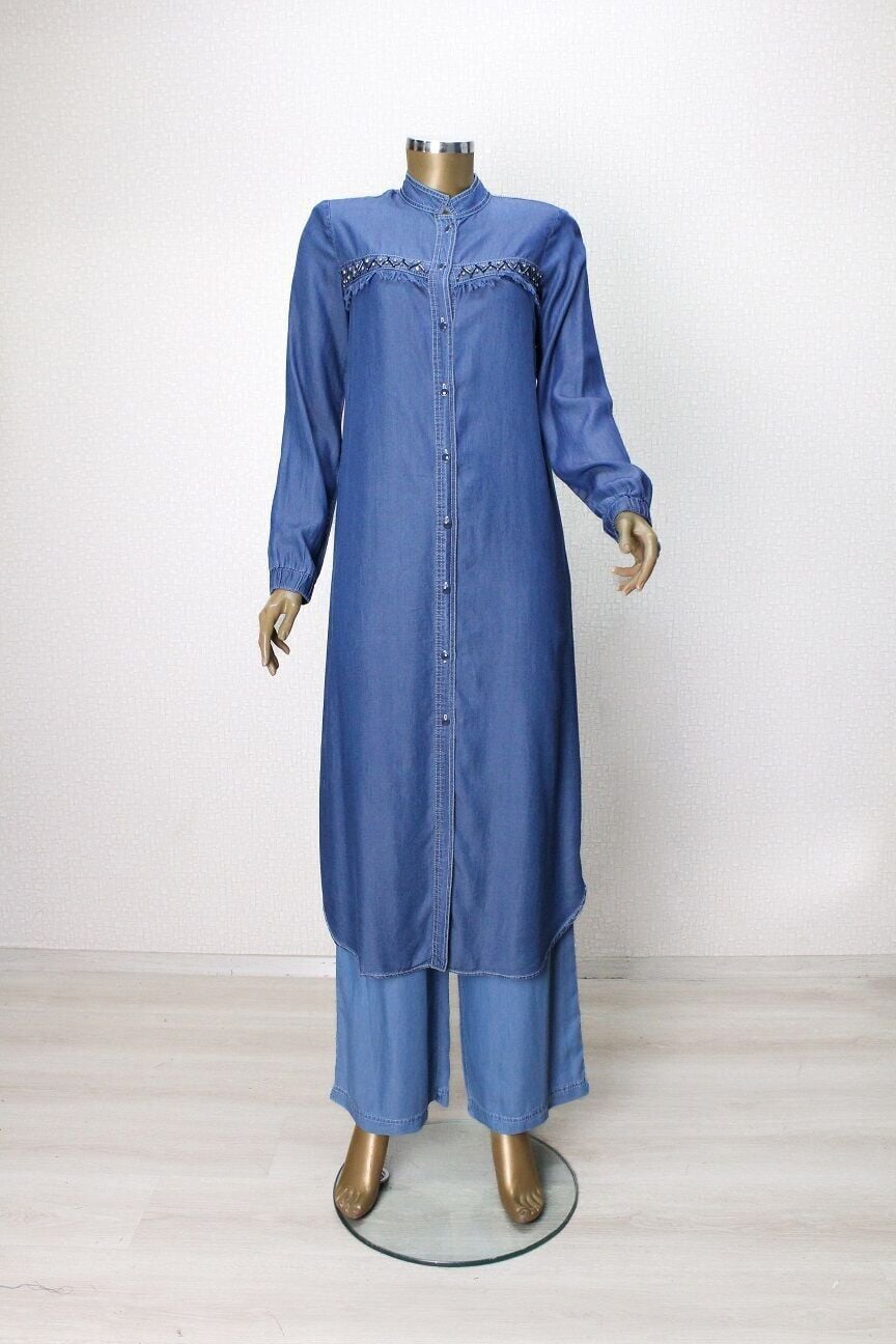 61050 TUNİK ÖNDEN DÜĞMELİ GÖĞÜS KISMI PÜSKÜL VE TAŞ DETAYLI TUNİK QYS TUNK #24-05#