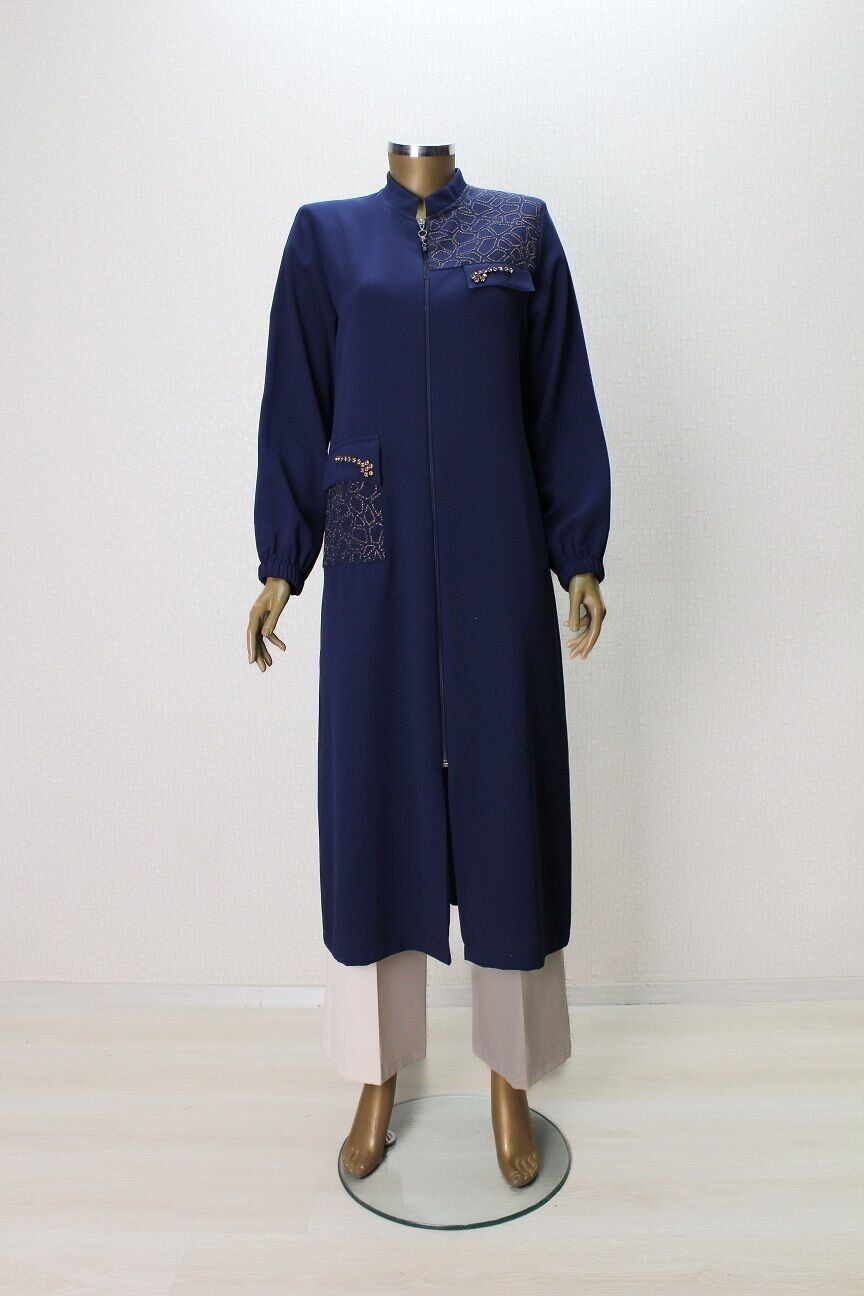 5006 ÖNÜ FERMUARLI OMZU VE CEBİ TAŞ DETAYLI KOL UCU LASTİKLİ HAKİM YAKA KAP QYS KAP 5006 #G23-04# 42 - İndigo