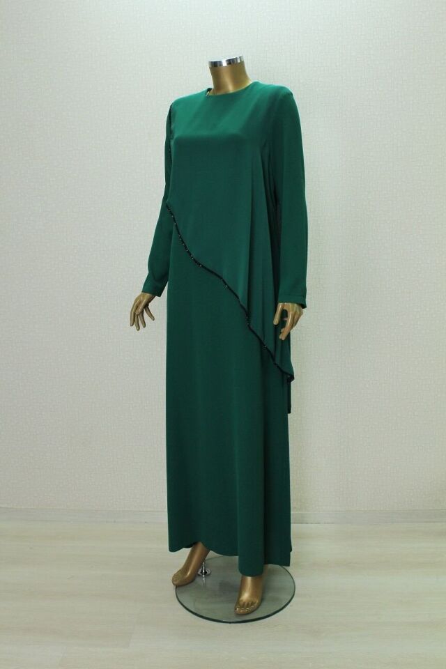 2857 ŞİFON GİYDİRMELİ BONCUKLU RAHAT KALIP ELBİSE QYS ELBİSE #24-023 52 - yeşil