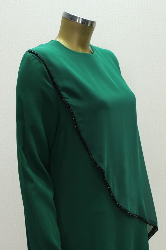 2857 ŞİFON GİYDİRMELİ BONCUKLU RAHAT KALIP ELBİSE QYS ELBİSE #24-023 52 - yeşil
