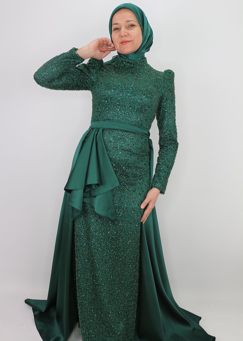 4408 ABİYE BOYDAN BONCUK VE PUL İŞLEMELİ BELİ PELERİLİ TASARIM MODEL ABİYE ELBİSE QYS ABİYE ELBİSE 4408 #24-053