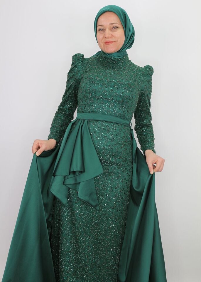 4408 ABİYE BOYDAN BONCUK VE PUL İŞLEMELİ BELİ PELERİLİ TASARIM MODEL ABİYE ELBİSE QYS ABİYE ELBİSE 4408 #24-053