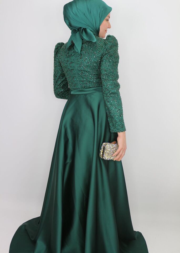 4408 ABİYE BOYDAN BONCUK VE PUL İŞLEMELİ BELİ PELERİLİ TASARIM MODEL ABİYE ELBİSE QYS ABİYE ELBİSE 4408 #24-053