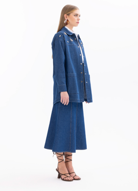 1001 JEAN CEKET ÖNÜ TAŞ DETAYLI ÇIT ÇIT KAPAMALI CEPLİ JEAN CEKET QYS JEAN CEKETN 11242107501001 #24-05#