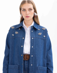 1001 JEAN CEKET ÖNÜ TAŞ DETAYLI ÇIT ÇIT KAPAMALI CEPLİ JEAN CEKET QYS JEAN CEKETN 11242107501001 #24-05#