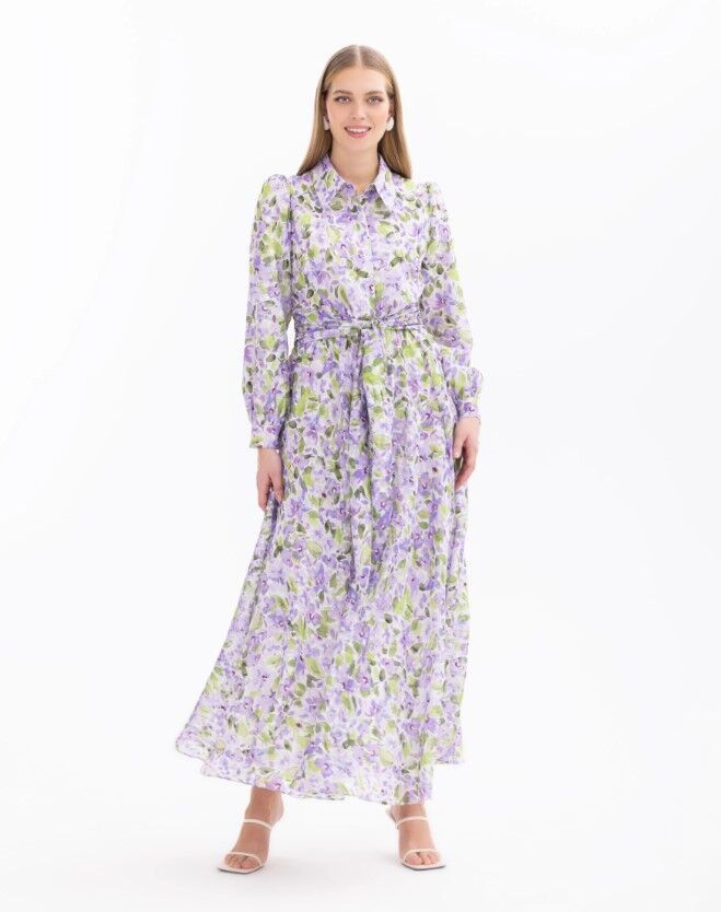 1004 ELBİSE ÇİÇEK DESENLİ UZUN KOL ELBİSE 10002411311004 QYS #24-05#