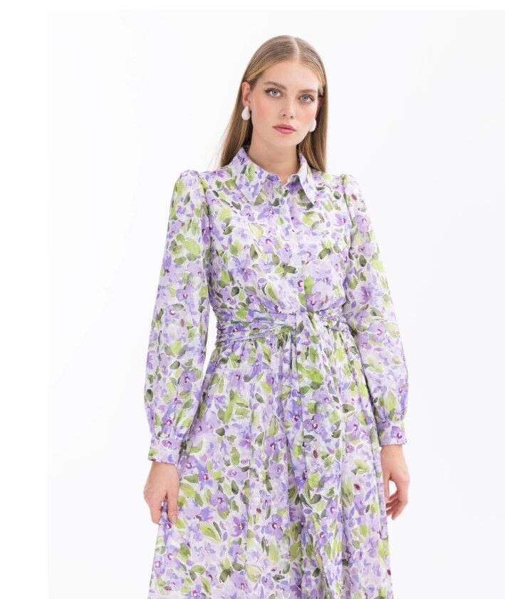 1004 ELBİSE ÇİÇEK DESENLİ UZUN KOL ELBİSE 10002411311004 QYS #24-05#