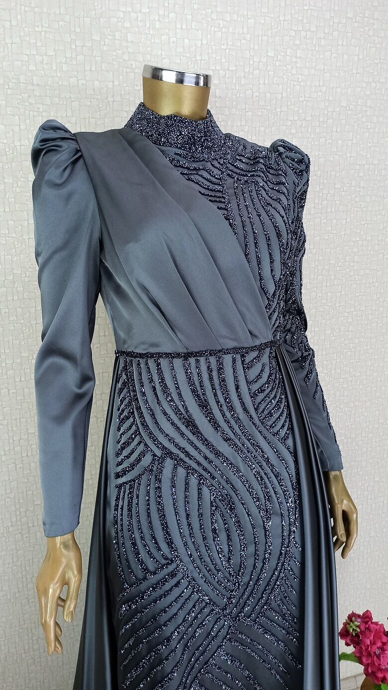 146 KOLLARI VE ÖNÜ TAŞ İŞLEMELİ DILLI PELELRİNLİ HAKİM YAKA BALIK MODEL TASARIM ABİYE QYS ABİYE ELBİSE 146 #23-04# 38 - gri