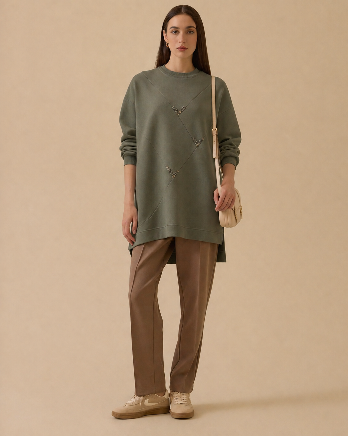 5336 ÖNDEN TAŞLI KOL VE ETEK UCU LASTİKLİ İKİ İPLİK SWEAT #26# 2 - ÇAĞLA RENGİ