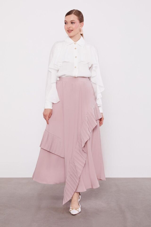 420065 ARKASI YARIM LASTİKLİ ÖN KISMI ASİMETRİK PİLE DETAYLI KLOŞ ETEK #07-25#