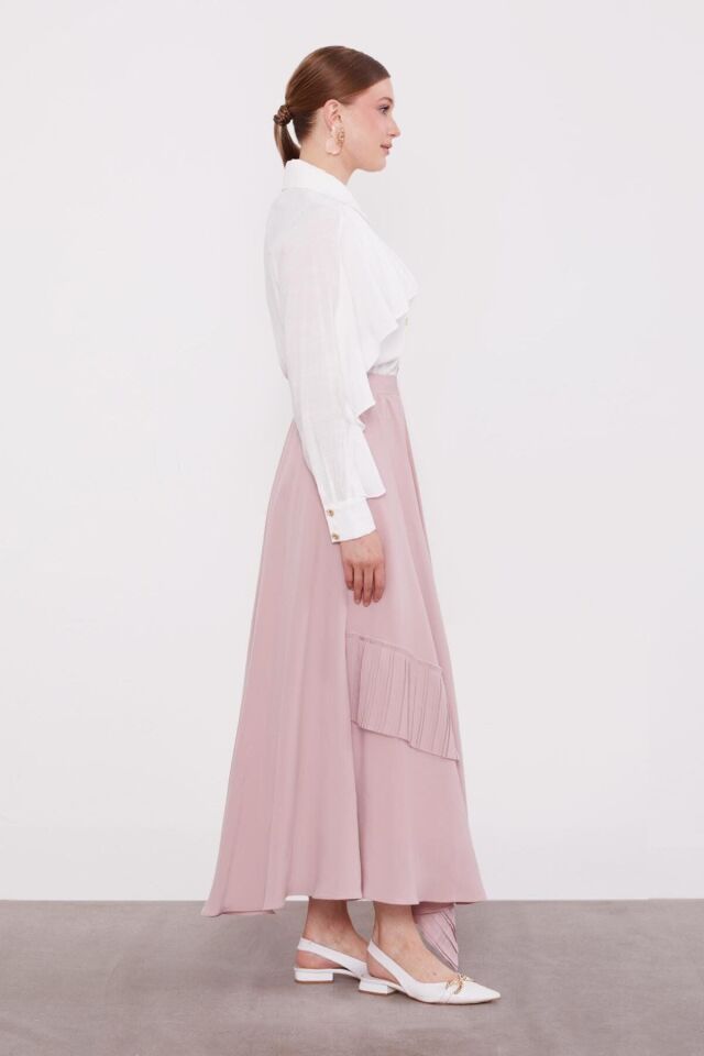 420065 ARKASI YARIM LASTİKLİ ÖN KISMI ASİMETRİK PİLE DETAYLI KLOŞ ETEK #07-25#