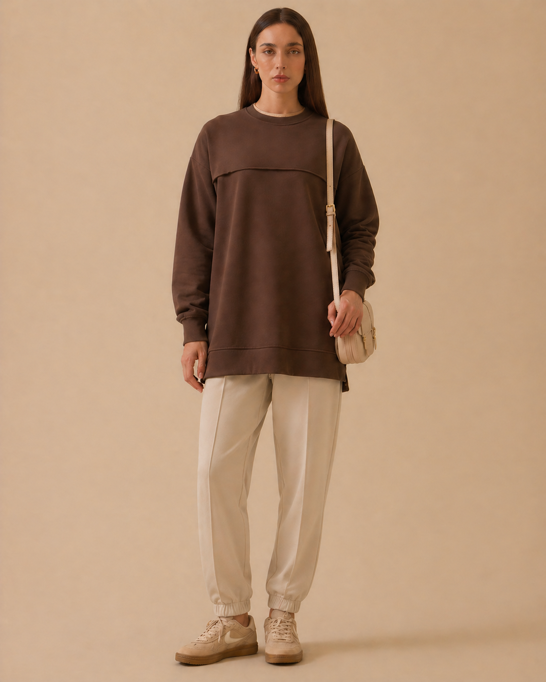 5320 ALT KISIM ASİMETRİK KESİM MODAL KUMAŞ İKİ İPLİK SWEAT #26# 2 - Kahverengi