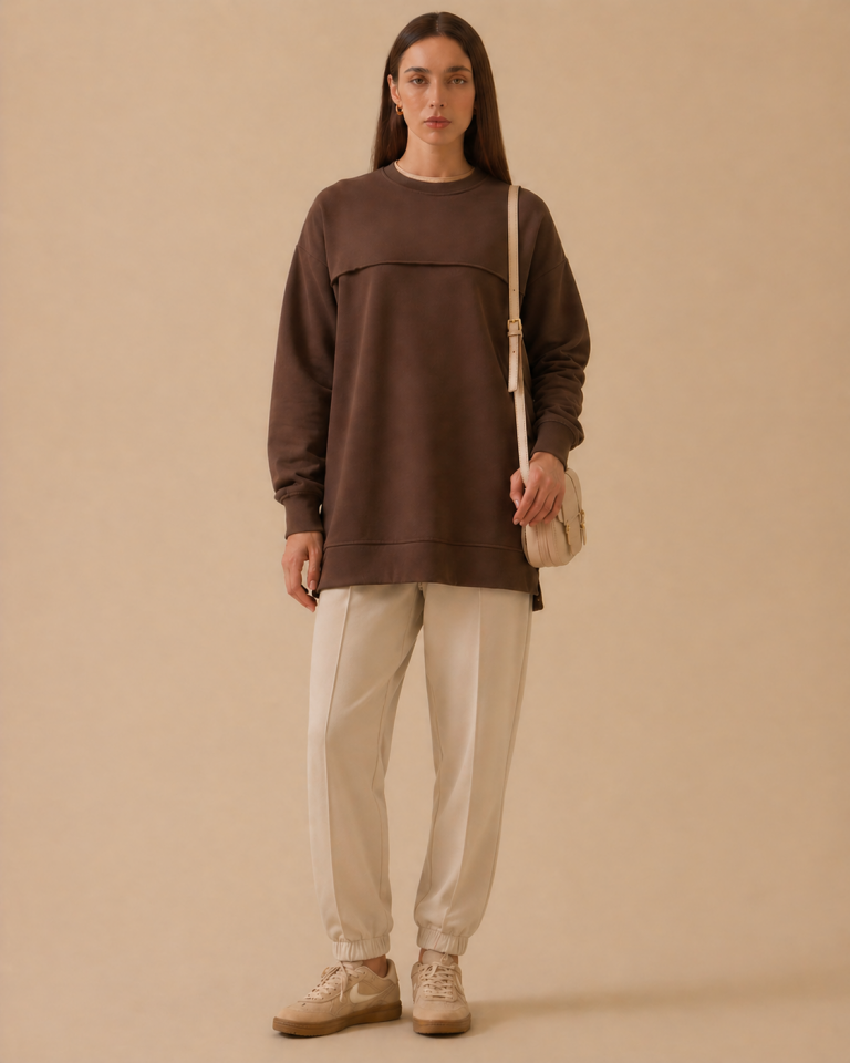5320 ALT KISIM ASİMETRİK KESİM MODAL KUMAŞ İKİ İPLİK SWEAT #26# 1 - Kahverengi