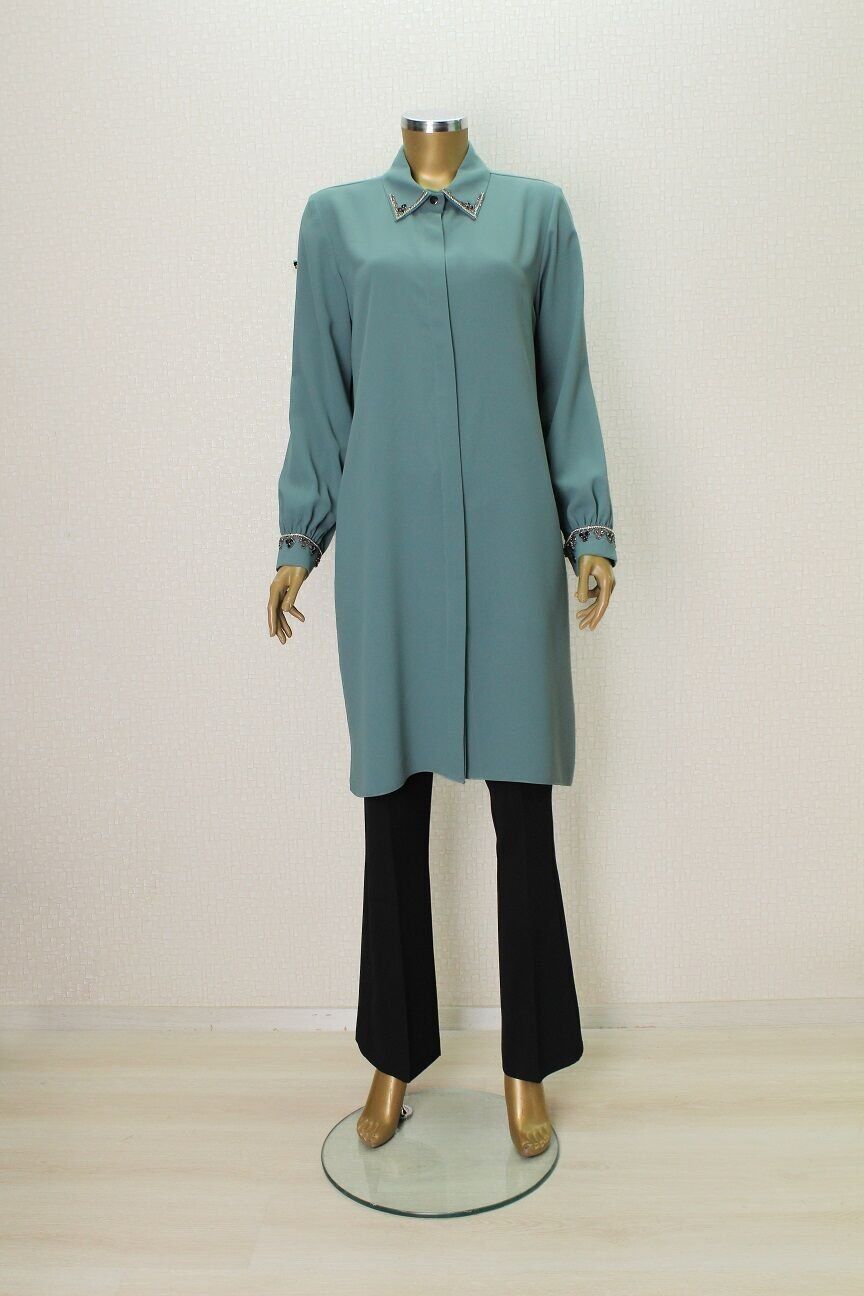 1514 TUNİK ÖNDEN GİZLİ DÜĞMELİ YAKASI VE KOL UÇLARI TAŞ İŞLEMELİ BÜYÜK BEDEN TUNİK QYS TUNİK 1514 #24-06#