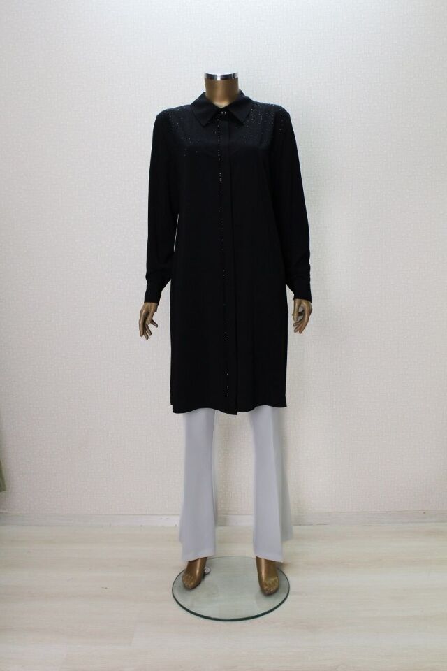 1024 ÖNDNEN DÜĞMELİ GÖĞSÜ TAŞLI GÖMLEK YAKA ŞIK TUNİK QYS TUNİK #24-063