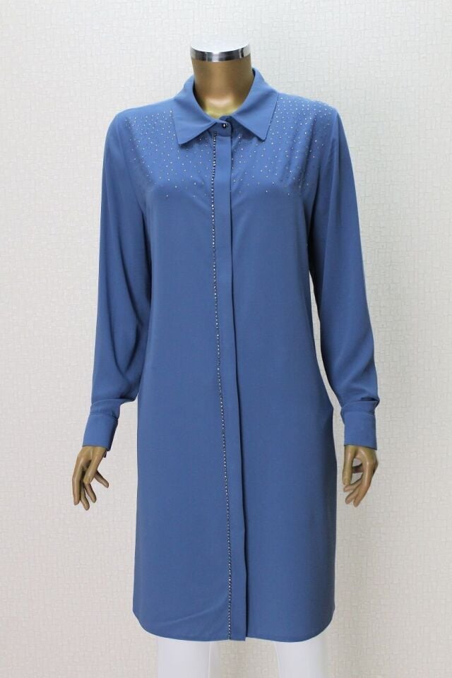 1024 ÖNDNEN DÜĞMELİ GÖĞSÜ TAŞLI GÖMLEK YAKA ŞIK TUNİK QYS TUNİK #24-063