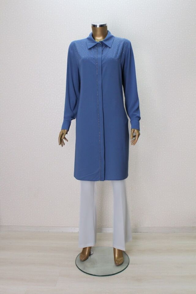 1024 ÖNDNEN DÜĞMELİ GÖĞSÜ TAŞLI GÖMLEK YAKA ŞIK TUNİK QYS TUNİK #24-063