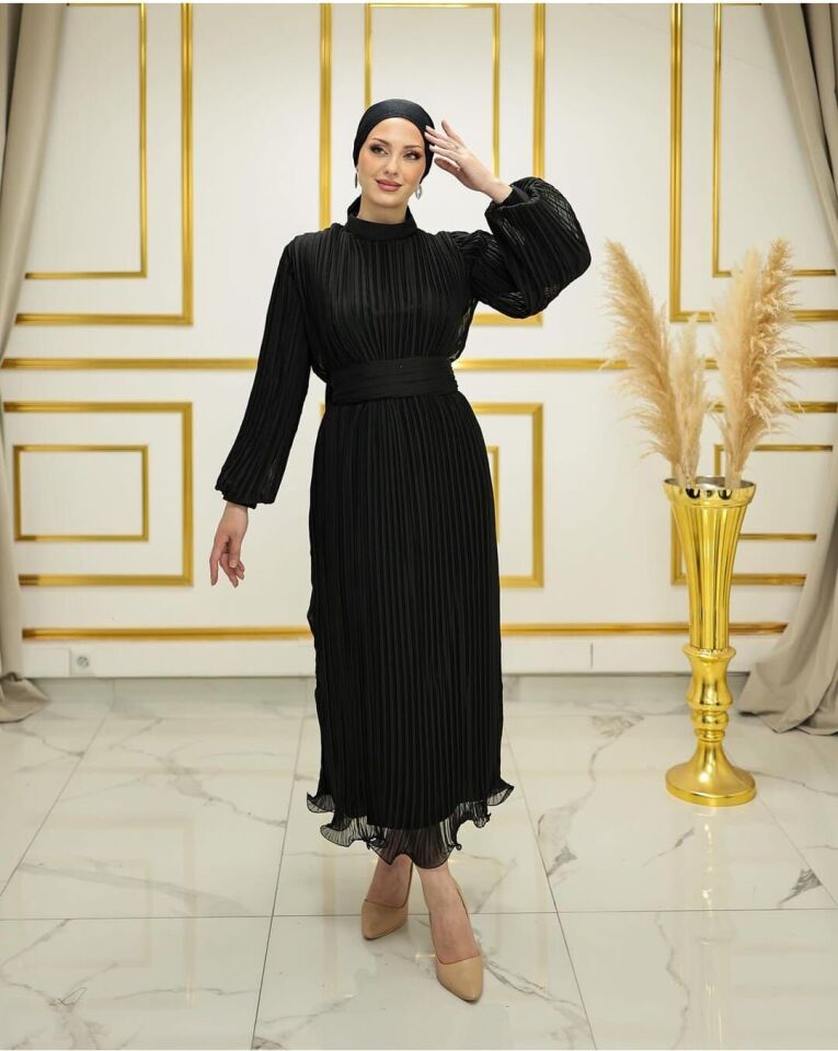 2279 ABİYE ELBİSE BELİ BAĞLAMALI BALONKOL ETEK UCU FIRFIRLI ABİYE ELBİSE #24-06#